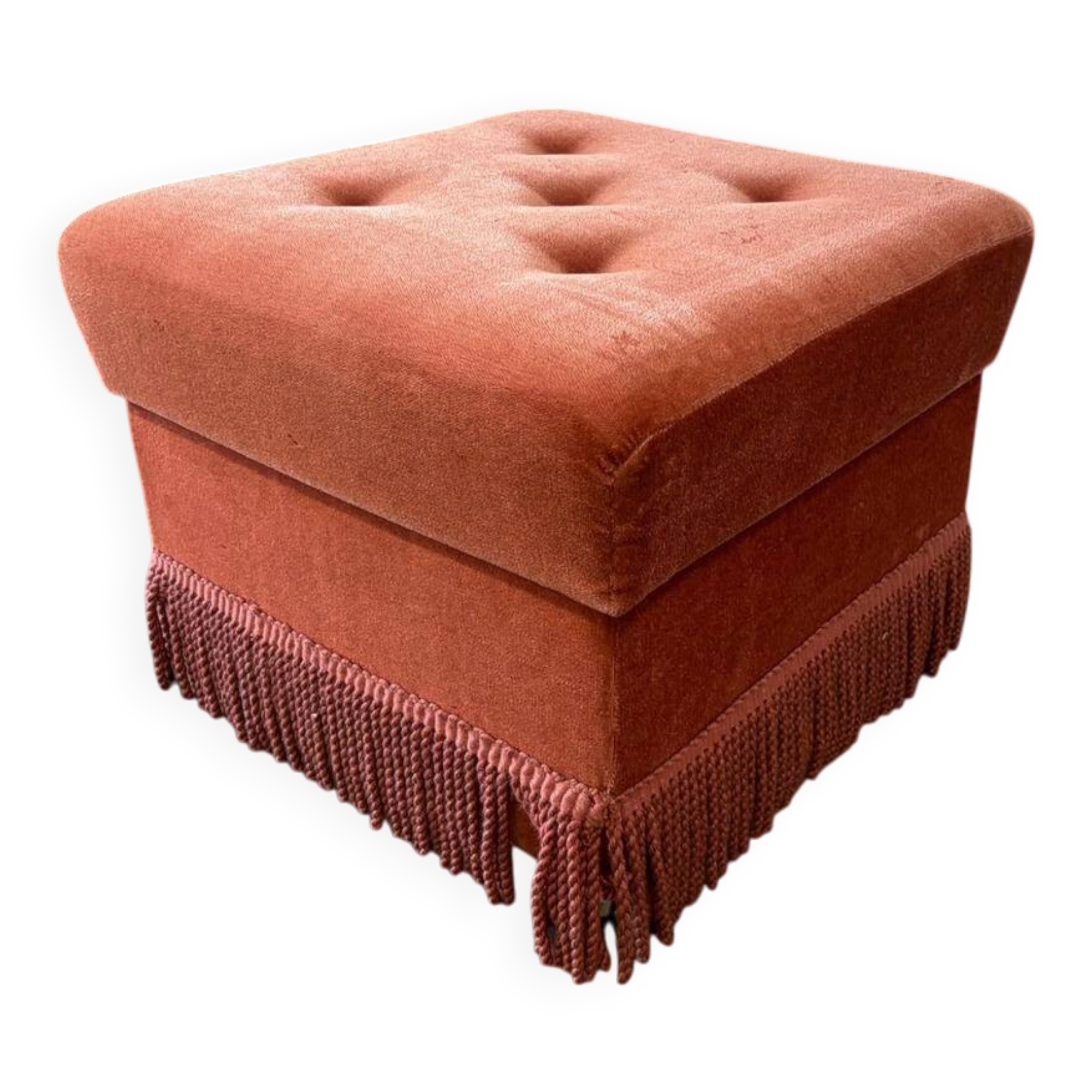 Vintage old pink pouf / chest / footrest with fringes