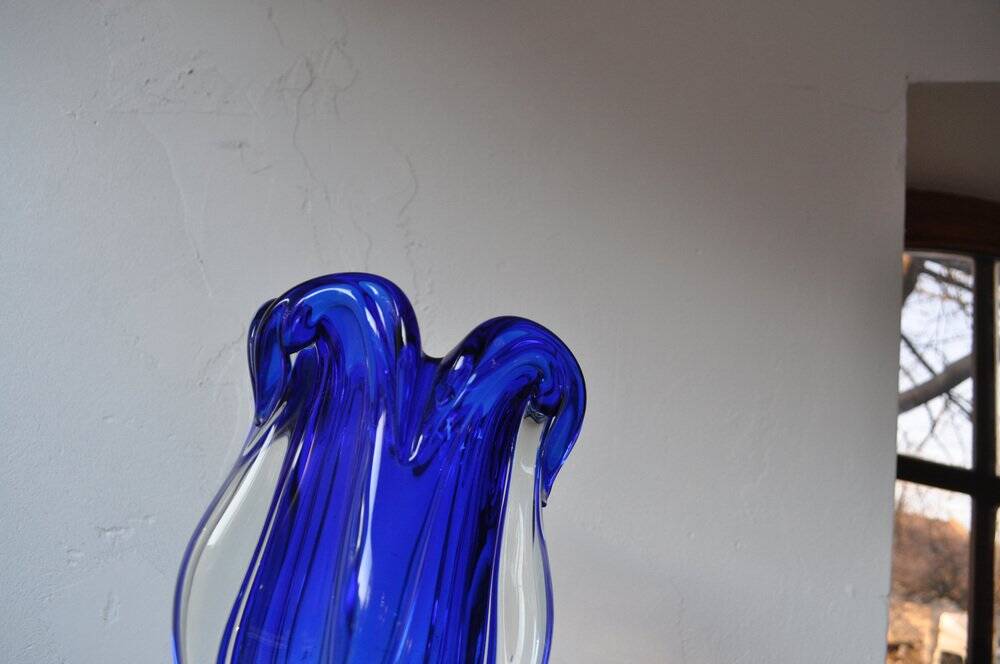 Vintage cobalt blue blown glass vase, organic shape from the 1960s.