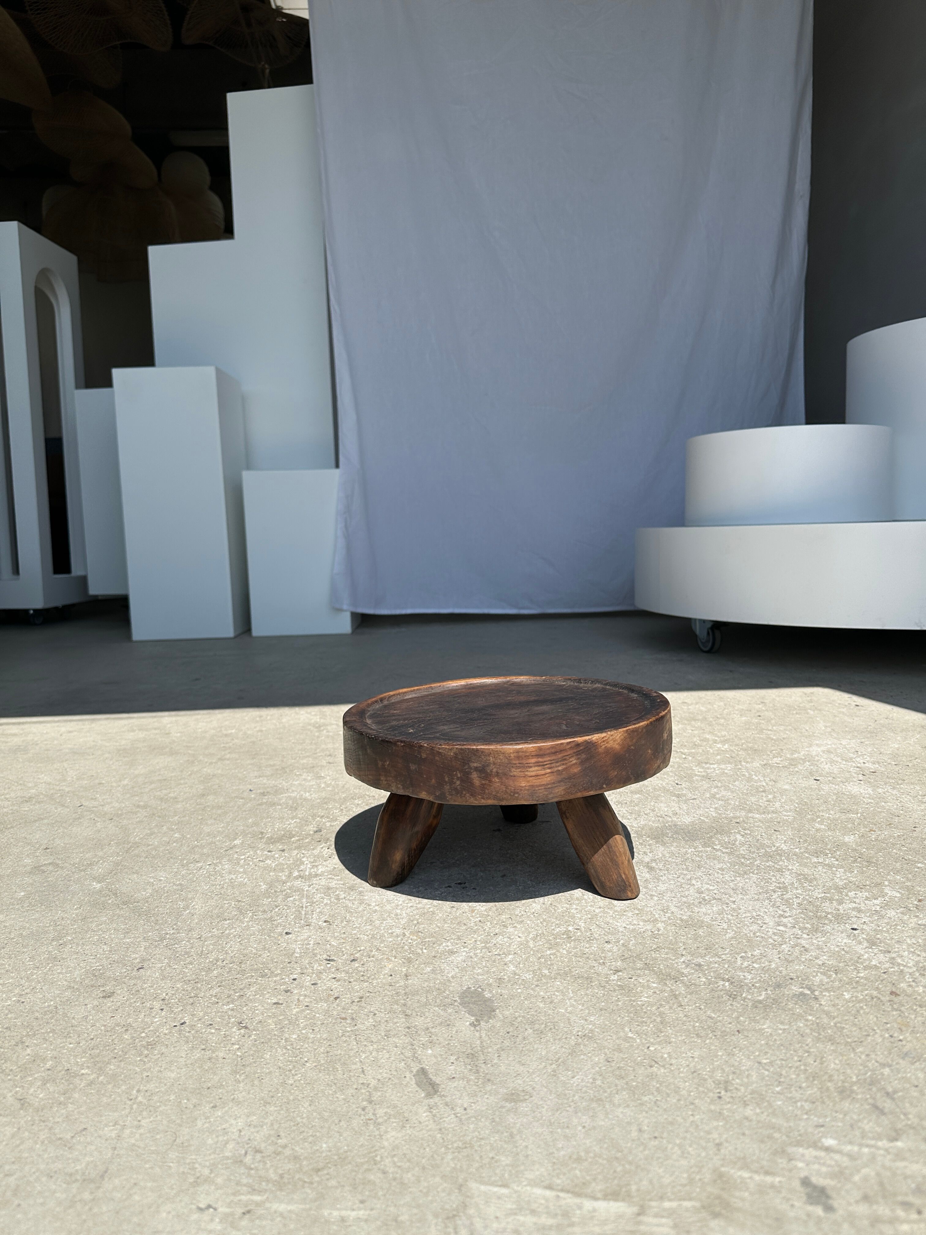 Small tripod stool low in dark brown upcycled teak