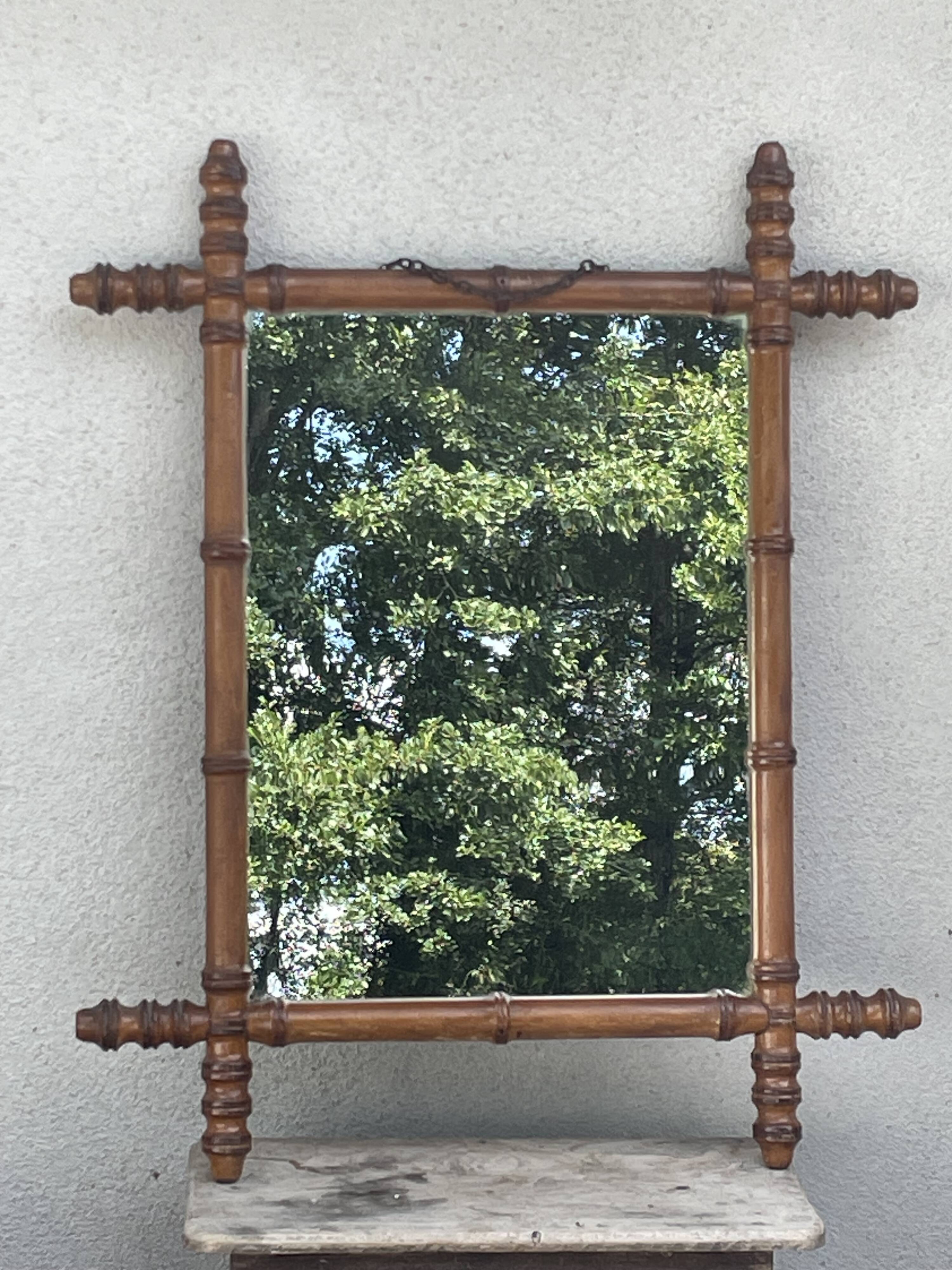 Ancien miroir cadre en bois de Merisier style bambou Cherrywood Mirror Bamboo