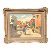 Huile sur toile originale – “Espagne” par AT – Signée – Vintage et encadrée