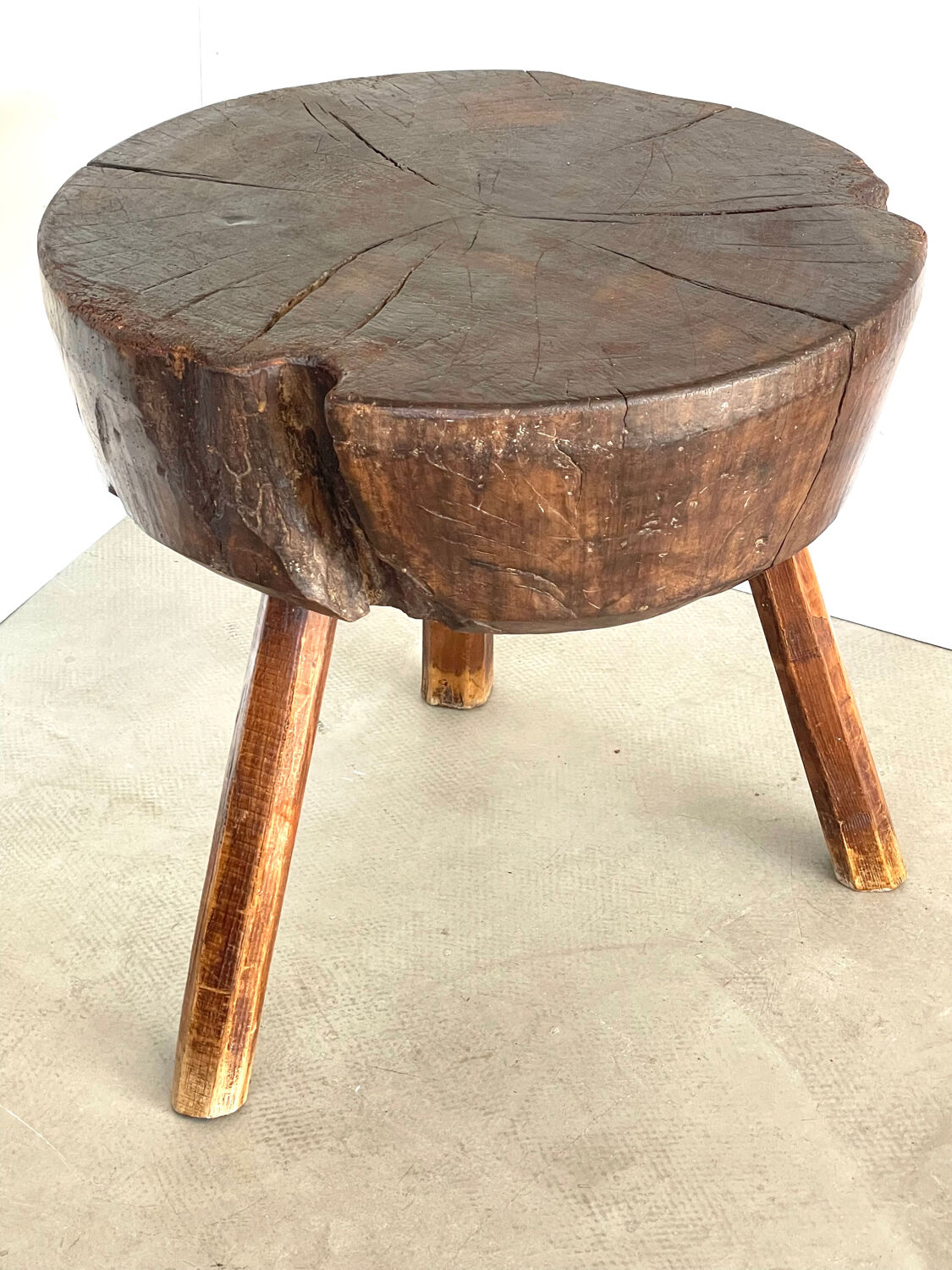 Large brutalist solid wood round tripod side table