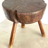 Large brutalist solid wood round tripod side table