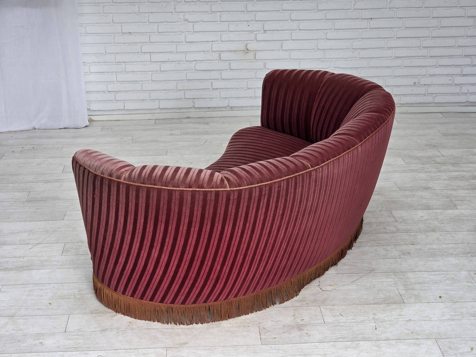 1960s, Danish 2-seater "Banan" sofa, furniture velour, oak wood.