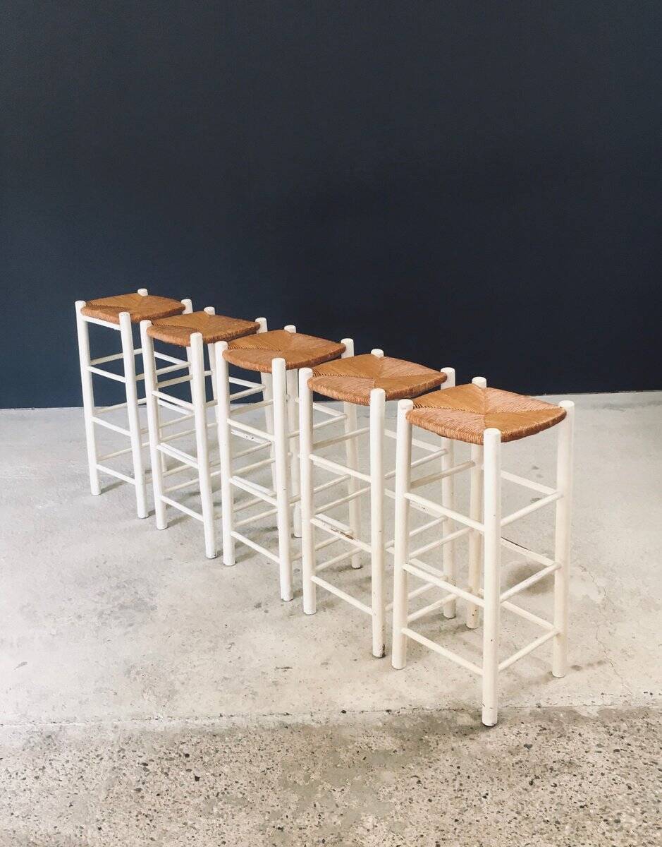 Rustic Handcrafted High Stools, France, 1940s, Set of 5