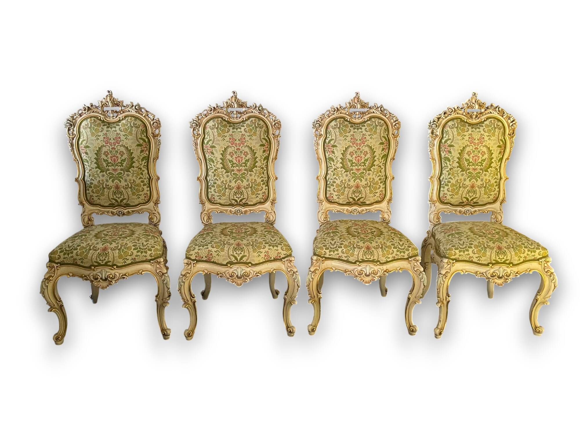 Set of 4 Venetian style sculpted wooden chairs, cream and gold, Italy.