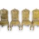 Set of 4 Venetian style sculpted wooden chairs, cream and gold, Italy.