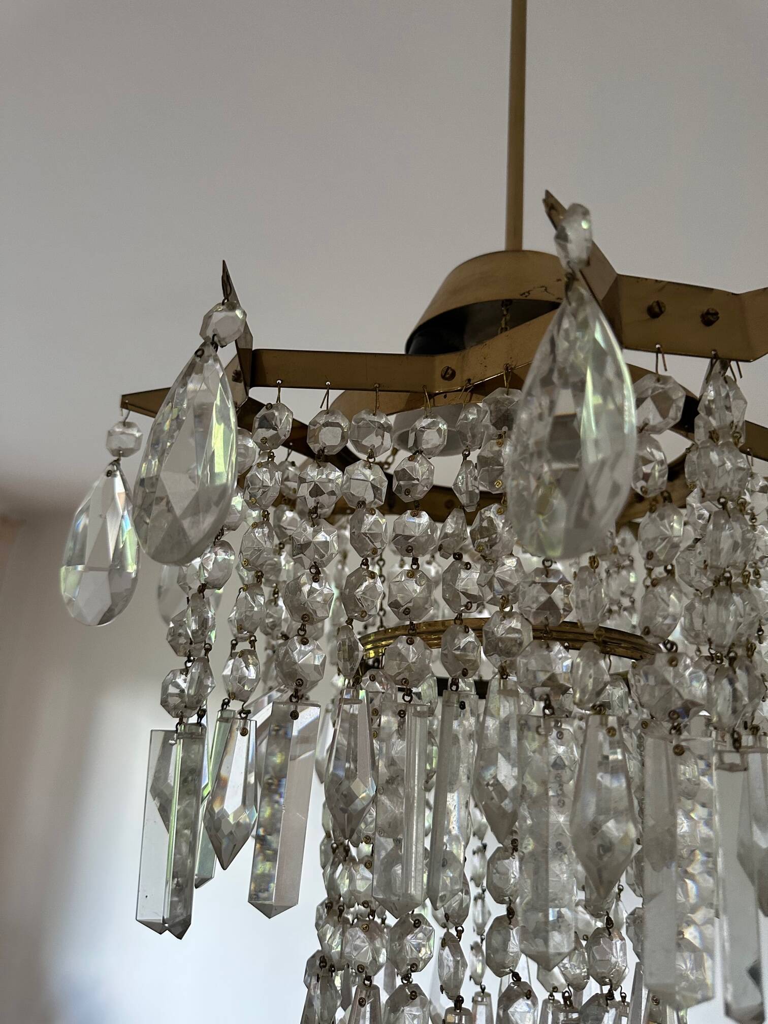 Midcentury brass crystal chandelier