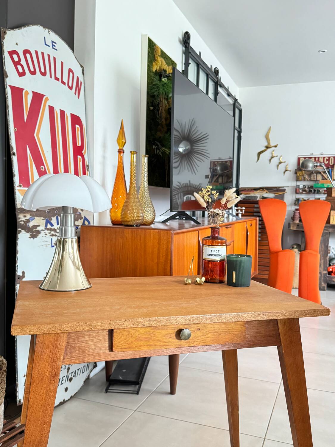Old wooden desk or side table with compass legs