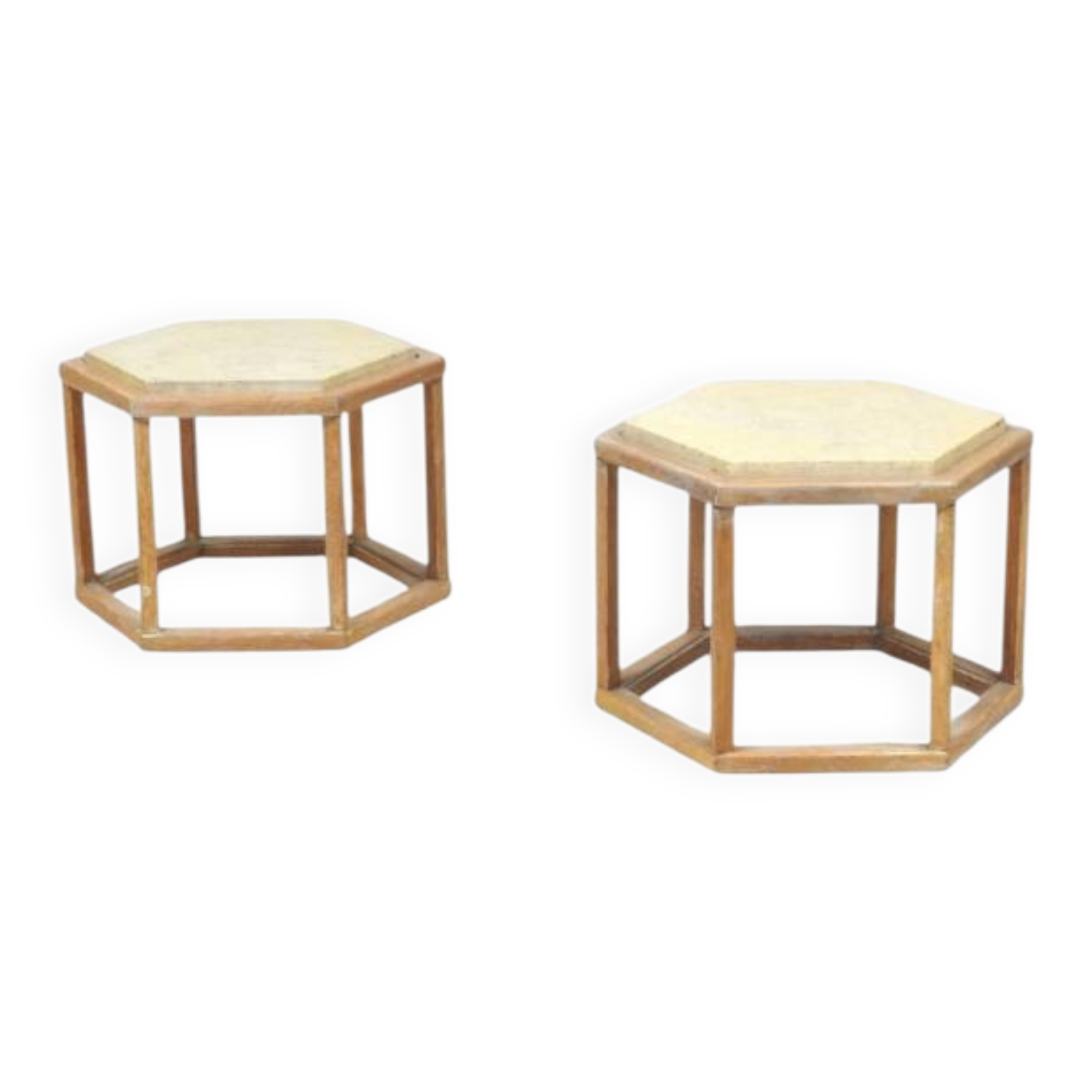 Pair of hexagonal side tables in cerused oak and travertine, attr