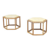 Pair of hexagonal side tables in cerused oak and travertine, attr