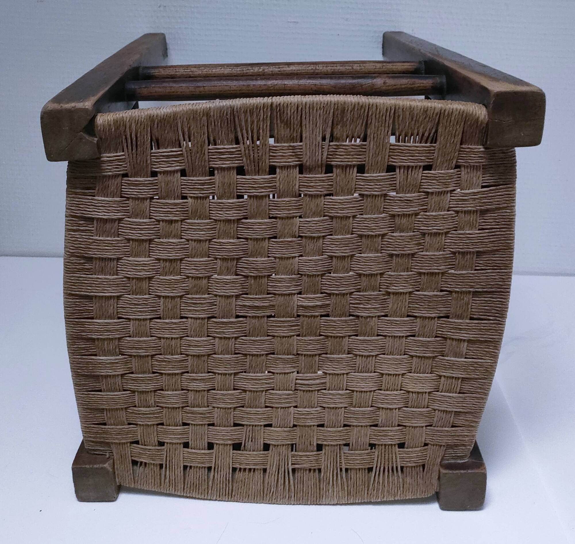 wooden stool with woven plant seat vintage