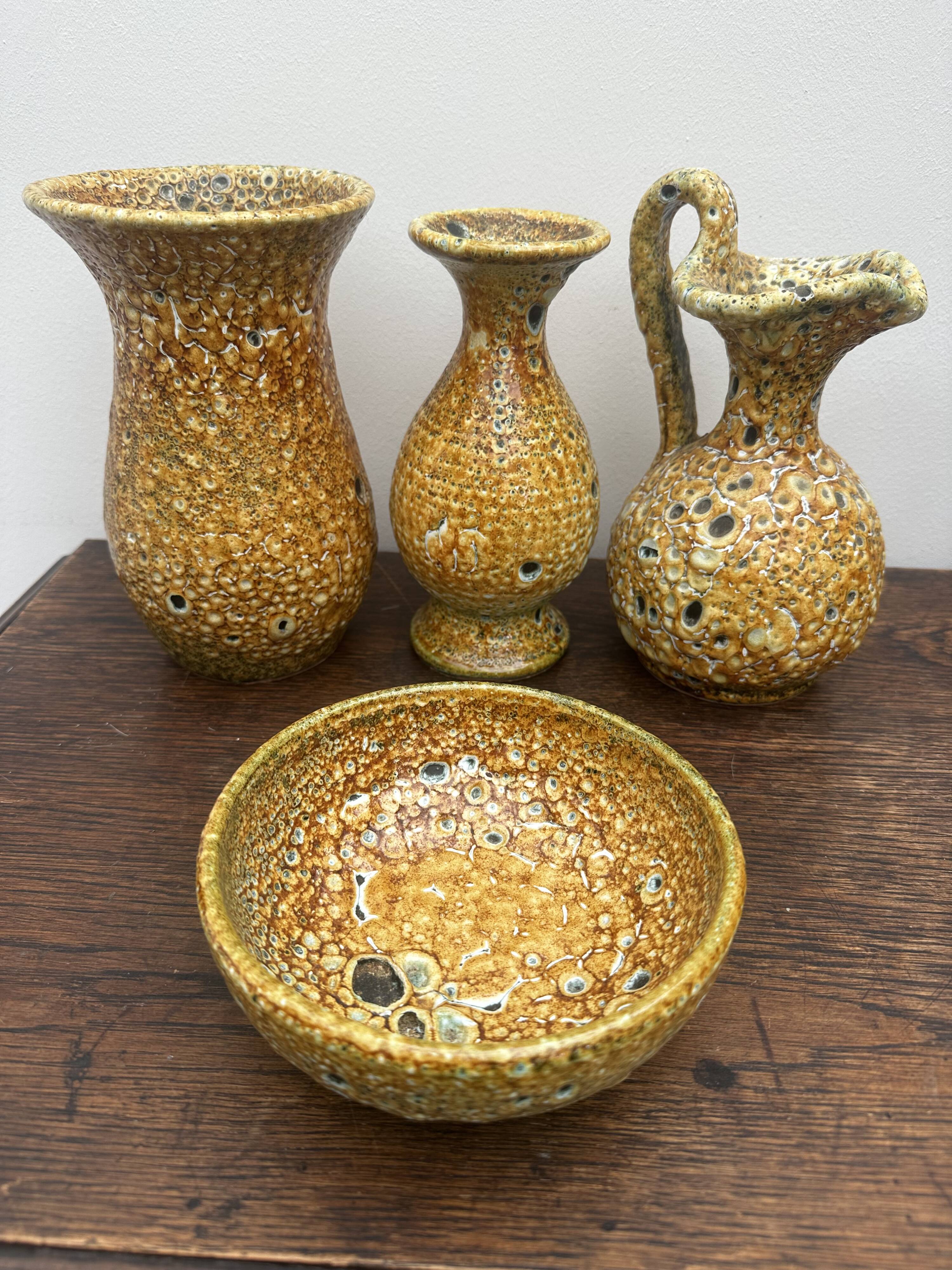 Set of 3 vases and 1 trinket tray, Honey / Fat Lava Vallauris, 1970s