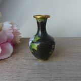 Miniature vase in black and gold cloisonné brass with peonies and flowers decor Vintage