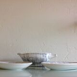 Two raviers and a white and grey cermal sauciere