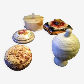 Lot of 5 onix, alabaster, porcelain, opaline candy boxes