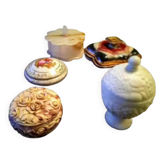 Lot of 5 onix, alabaster, porcelain, opaline candy boxes