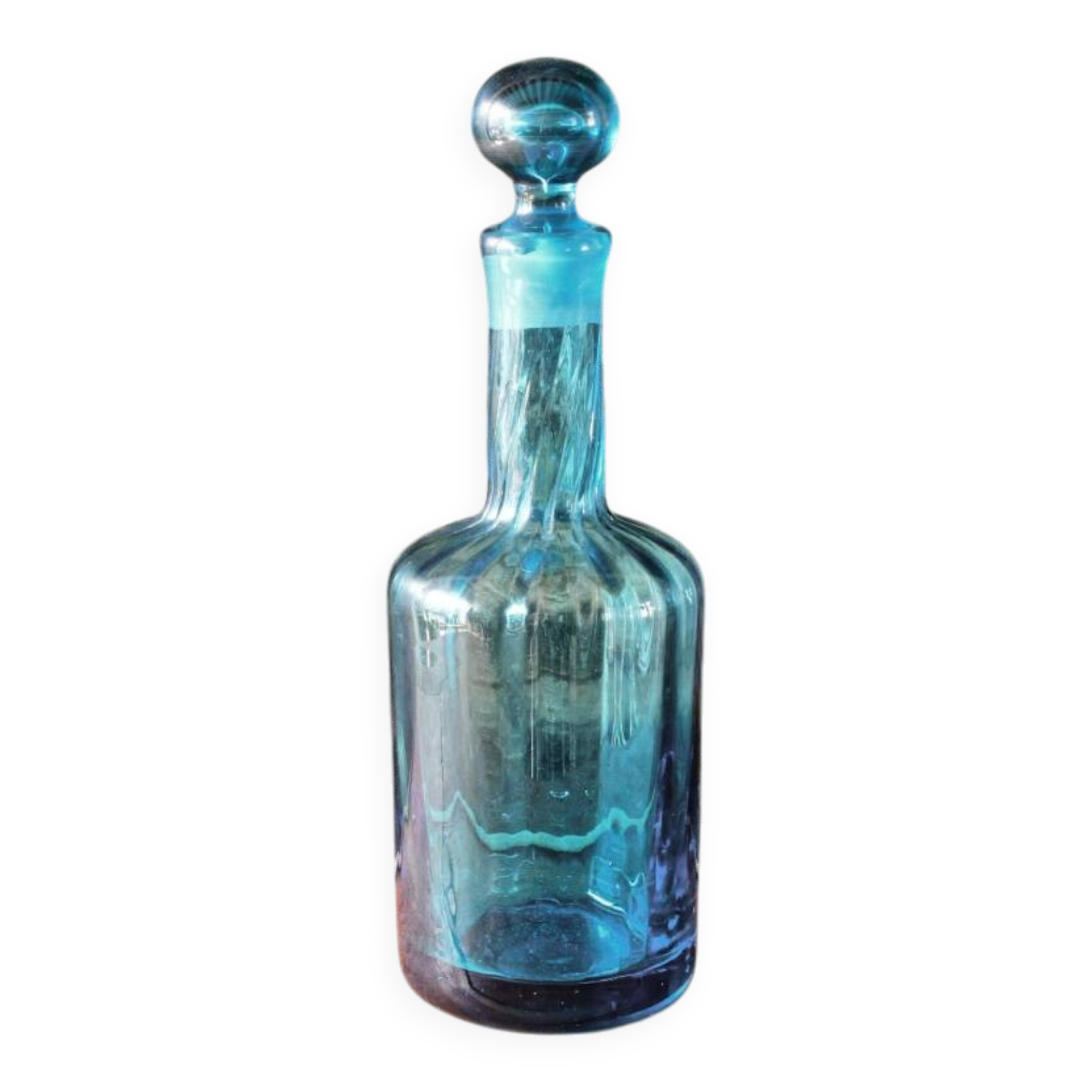 Large blown crystal bottle, twisted, turquoise blue, early 20th century.