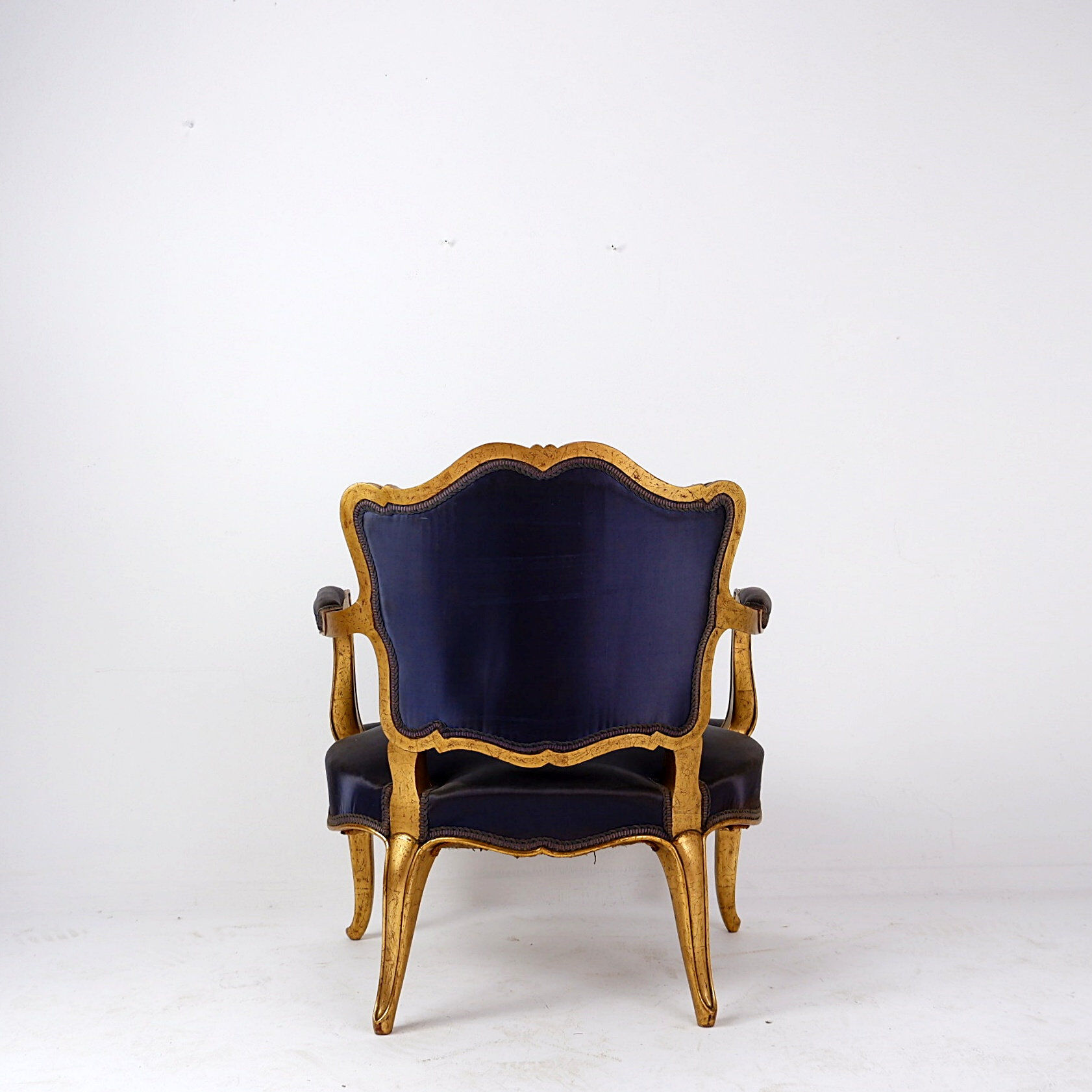 Louis XV style armchairs with original navy blue silk upholstery