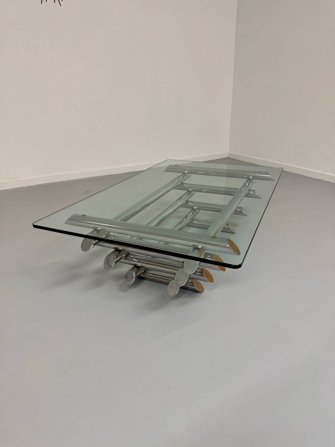 Space coffee table from the 70s, tubular metal and glass, Italian design