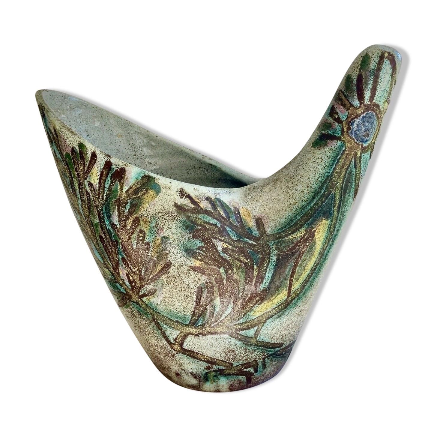 Vase zoomorphisme ceramic decoration d'oiseau signed guy Accolay