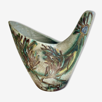 Vase zoomorphisme ceramic decoration d'oiseau signed guy Accolay