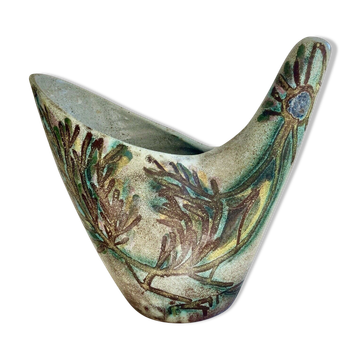 Vase zoomorphisme en céramique décor d'oiseau signé guy Accolay