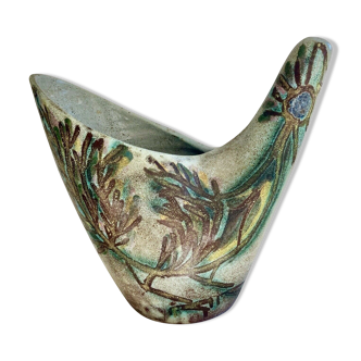 Vase zoomorphisme en céramique décor d'oiseau signé guy Accolay