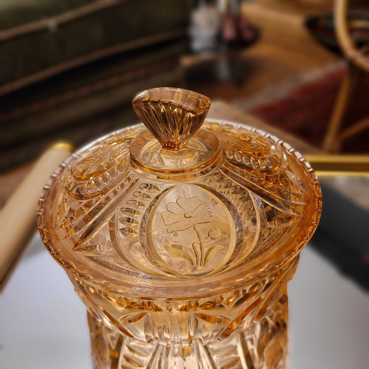 Cut amber glass candy dish – France, 1950s