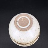 Trio of white speckled glazed stoneware bowls, gestural brown decoration – signed