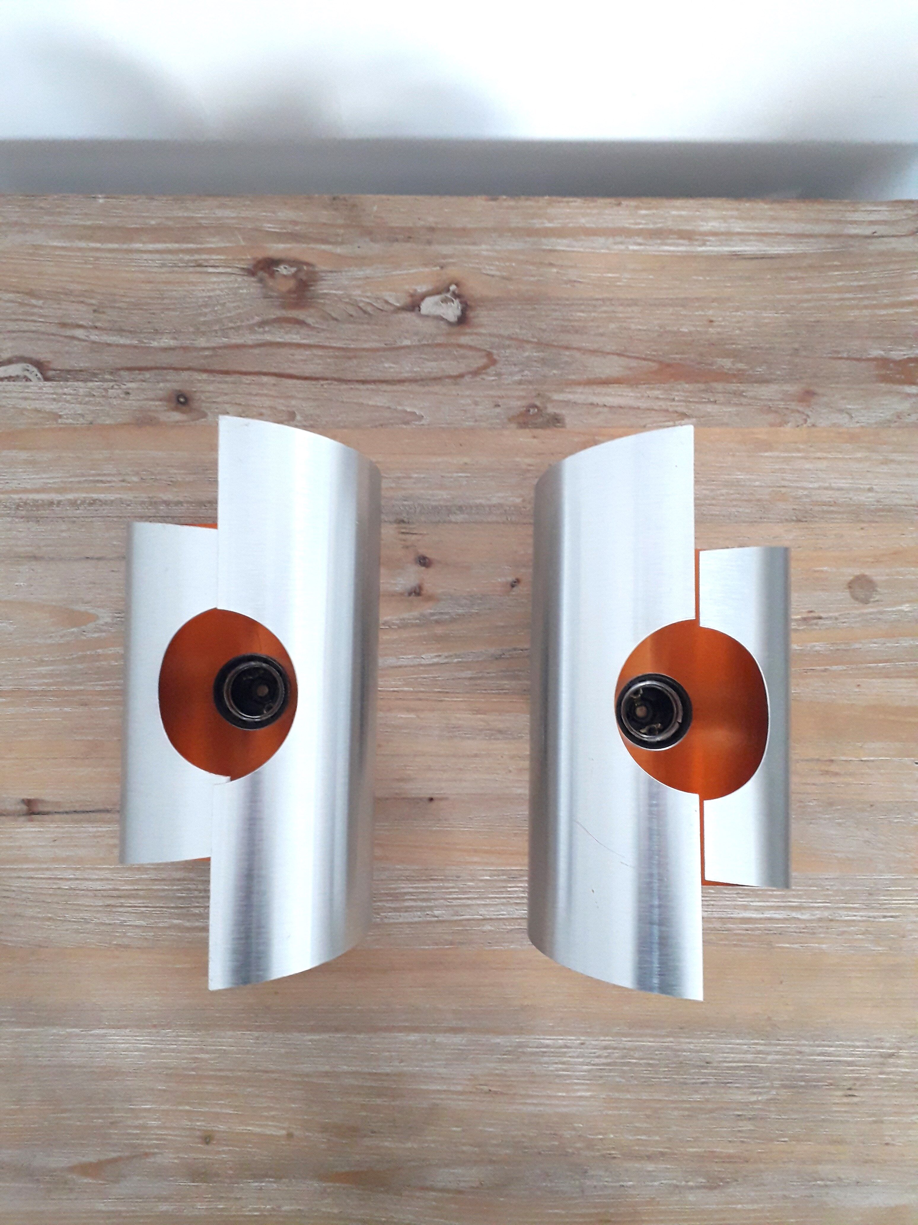 Space Age wall lamps - Brushed and orange aluminium - 1970