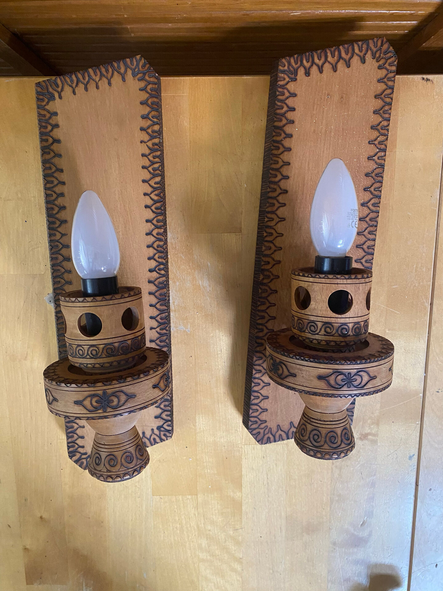 Pair of Vintage Pyrographed Wood Torch Wall Lights Mountain Style #