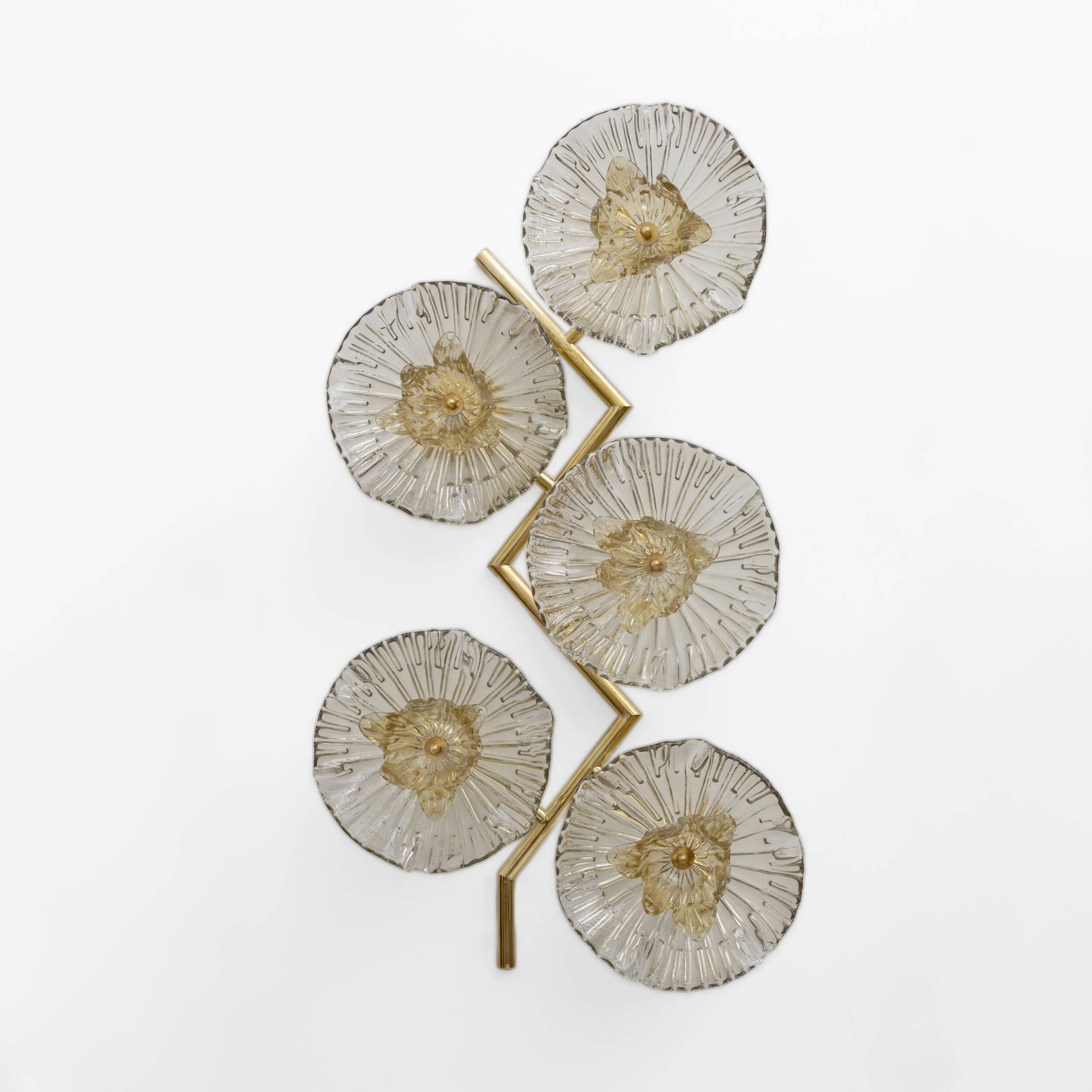 Pair of Modern Italian Murano Glass and Brass Flowers Wall Lamps
