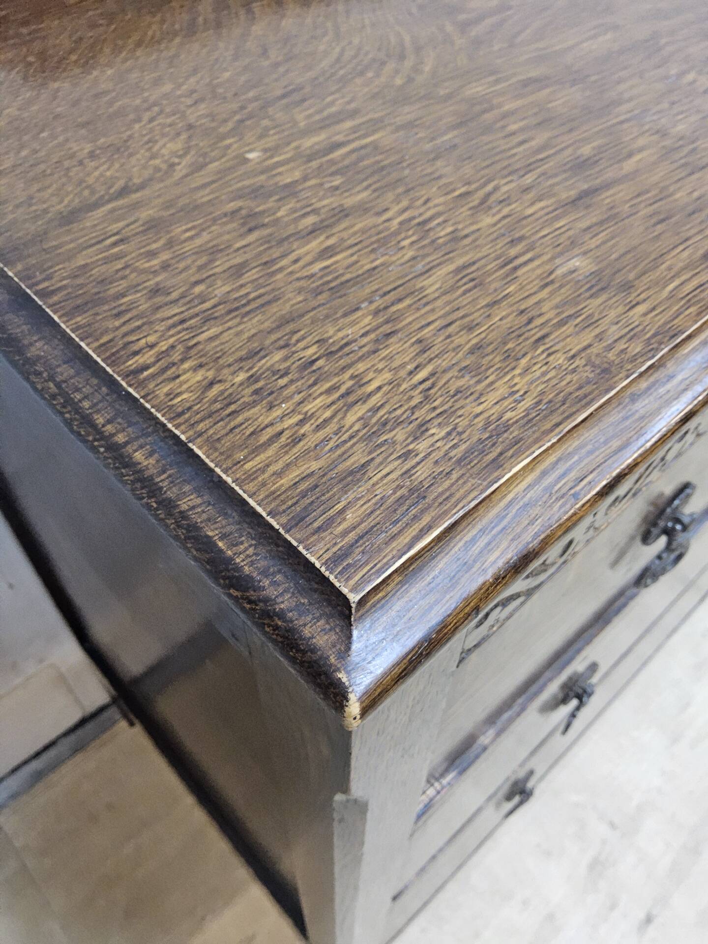 Antique chest of drawers on wheels with wood carving (key top drawer)