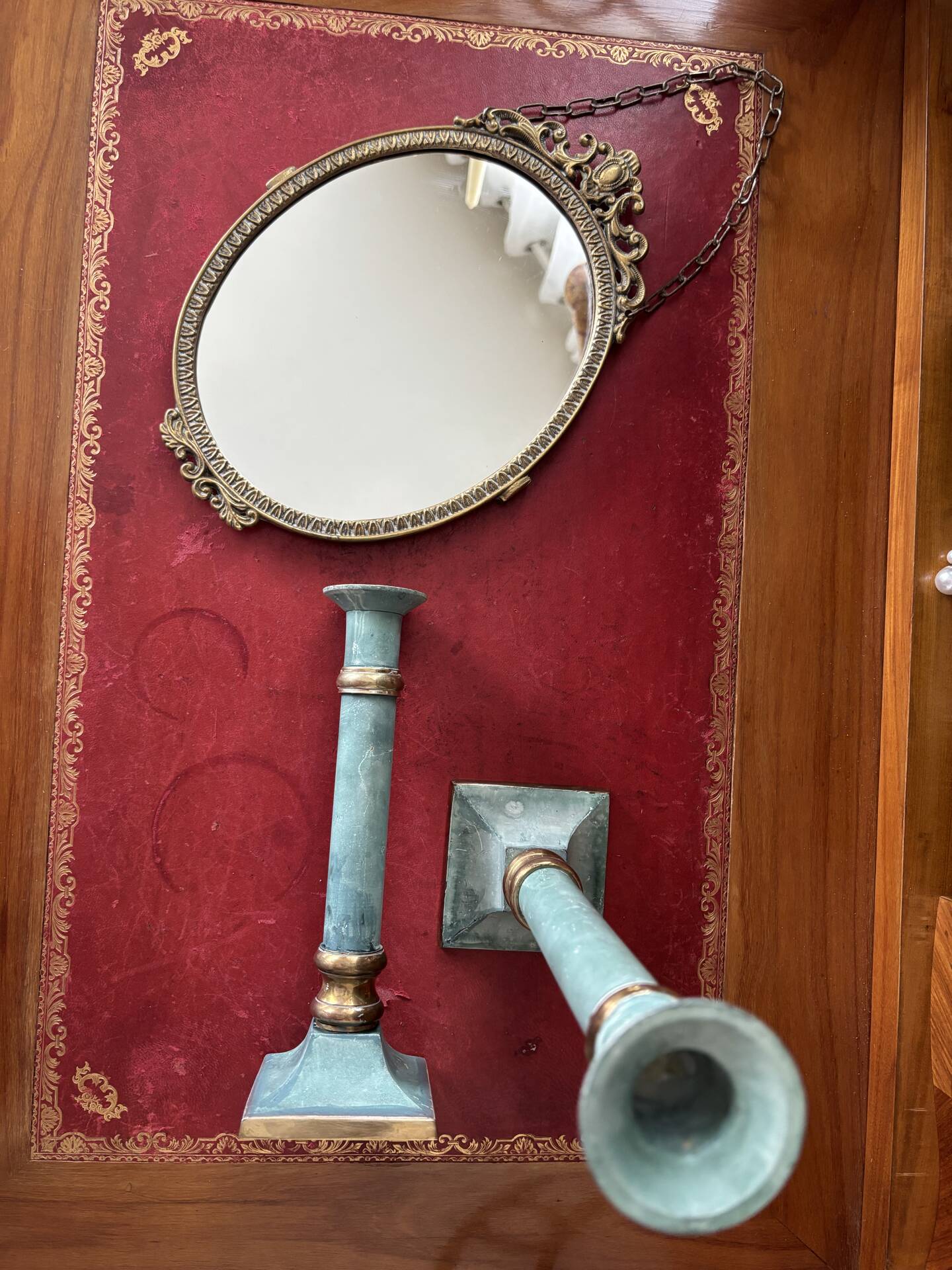 Exceptional pair of large candlesticks in patinated greenish-blue brass.