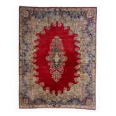 Tapis persan Kerman antique des années 1920, médaillon floral, champ rouge, 273 cm x 362 cm