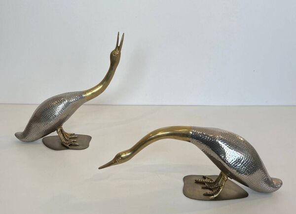 Suite de 2 canards en métal argenté et laiton