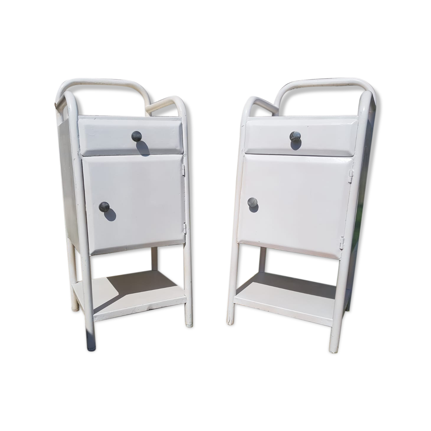 Pair Old Chevet Table De Nuit Internat Caisson - Vintage White Metal Drawer