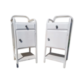 Pair Old Chevet Table De Nuit Internat Caisson - Vintage White Metal Drawer