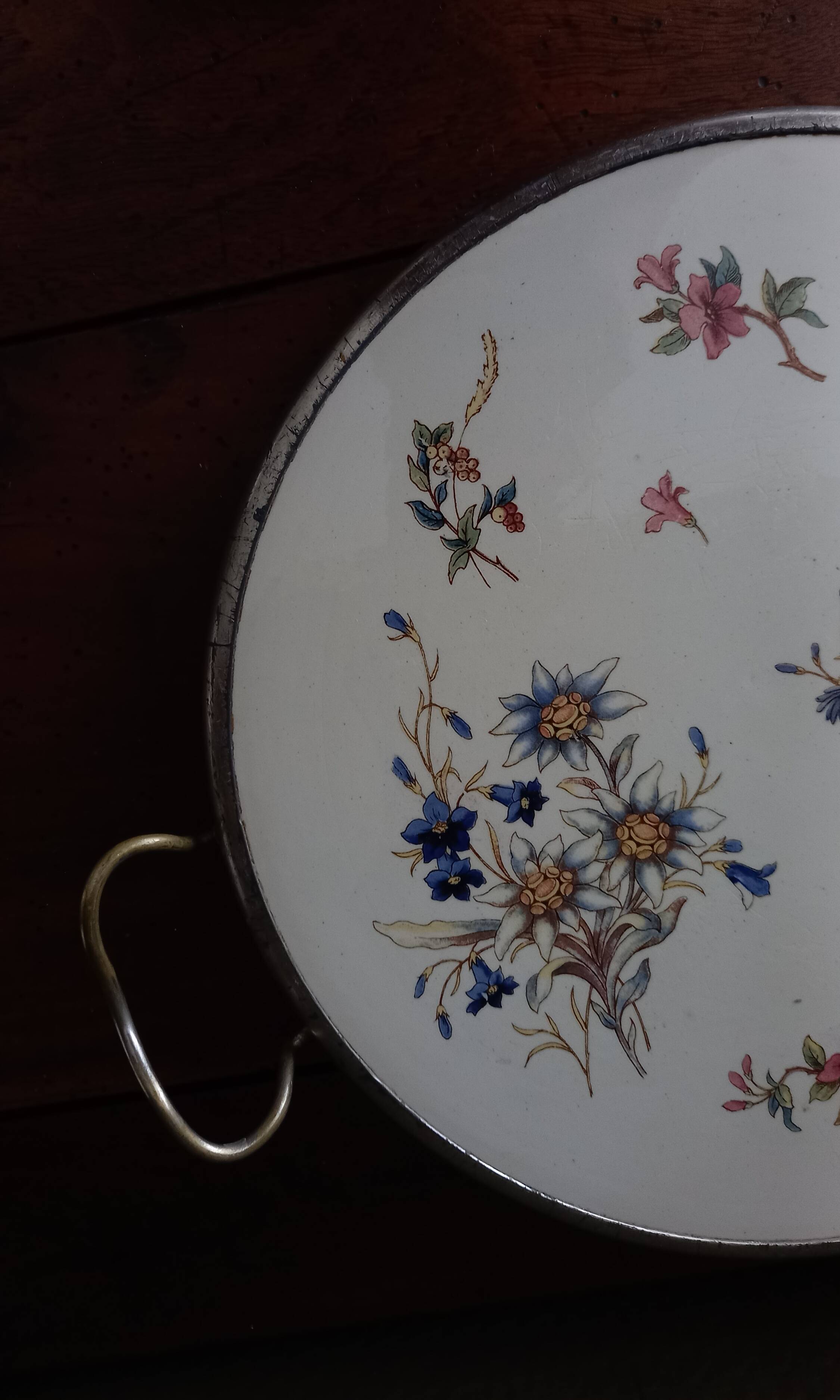 Sarreguemines Digoin “Righi” earthenware tray, metal rim and handles.