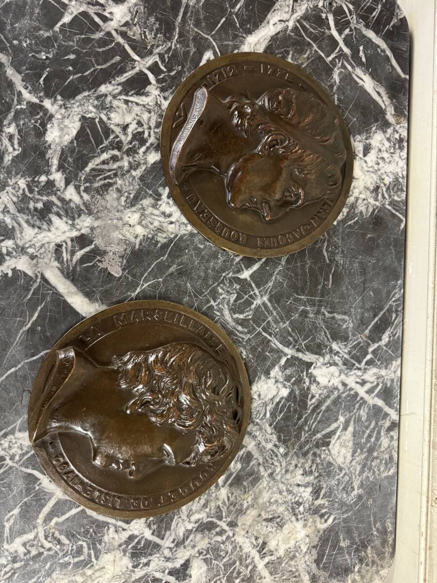 Pair of bronze medallions, Rouget de Lille and J.J. Rousseau
