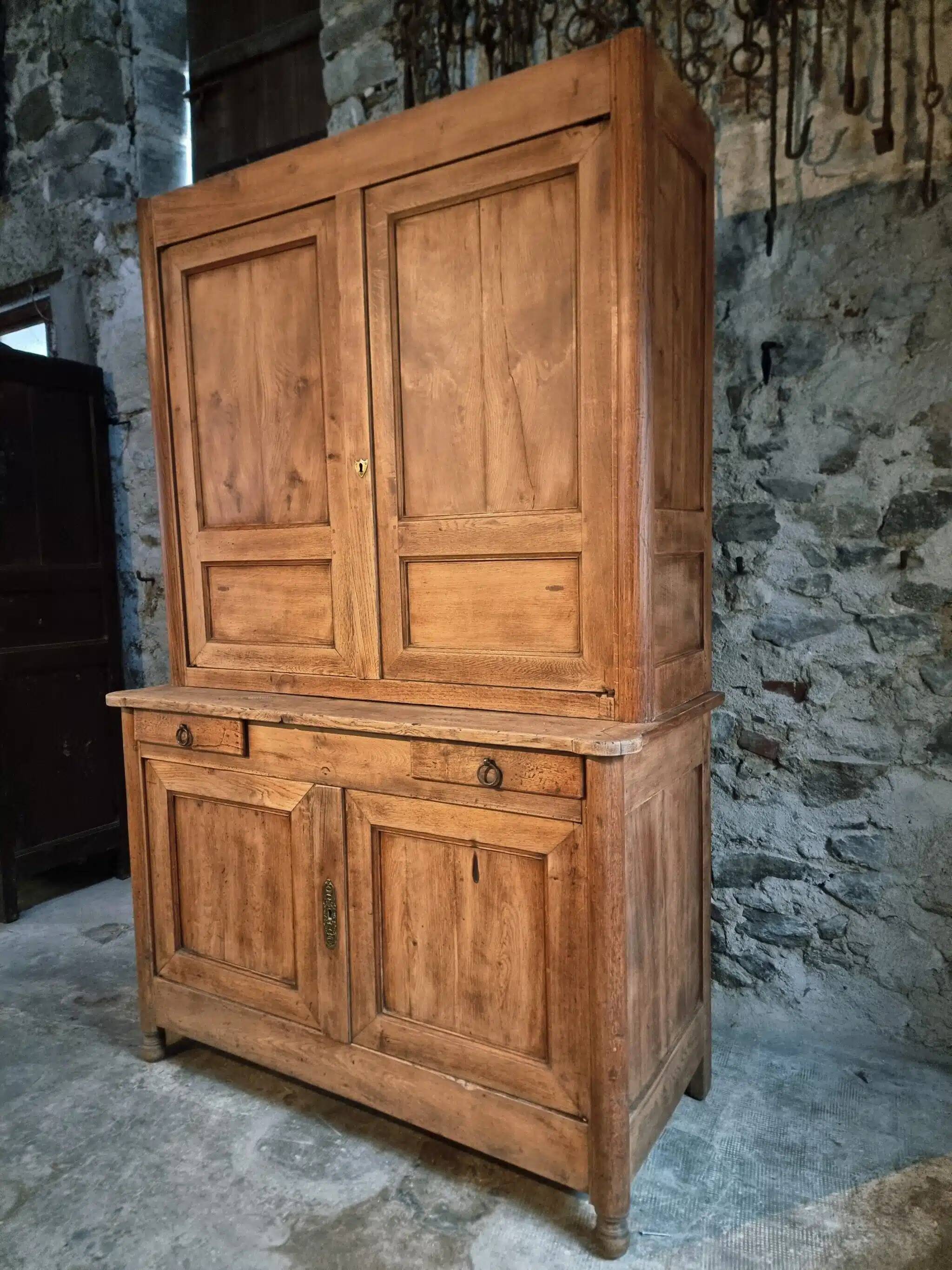 Antique French oak sideboard – Two-part display cabinet with drawers and four doors