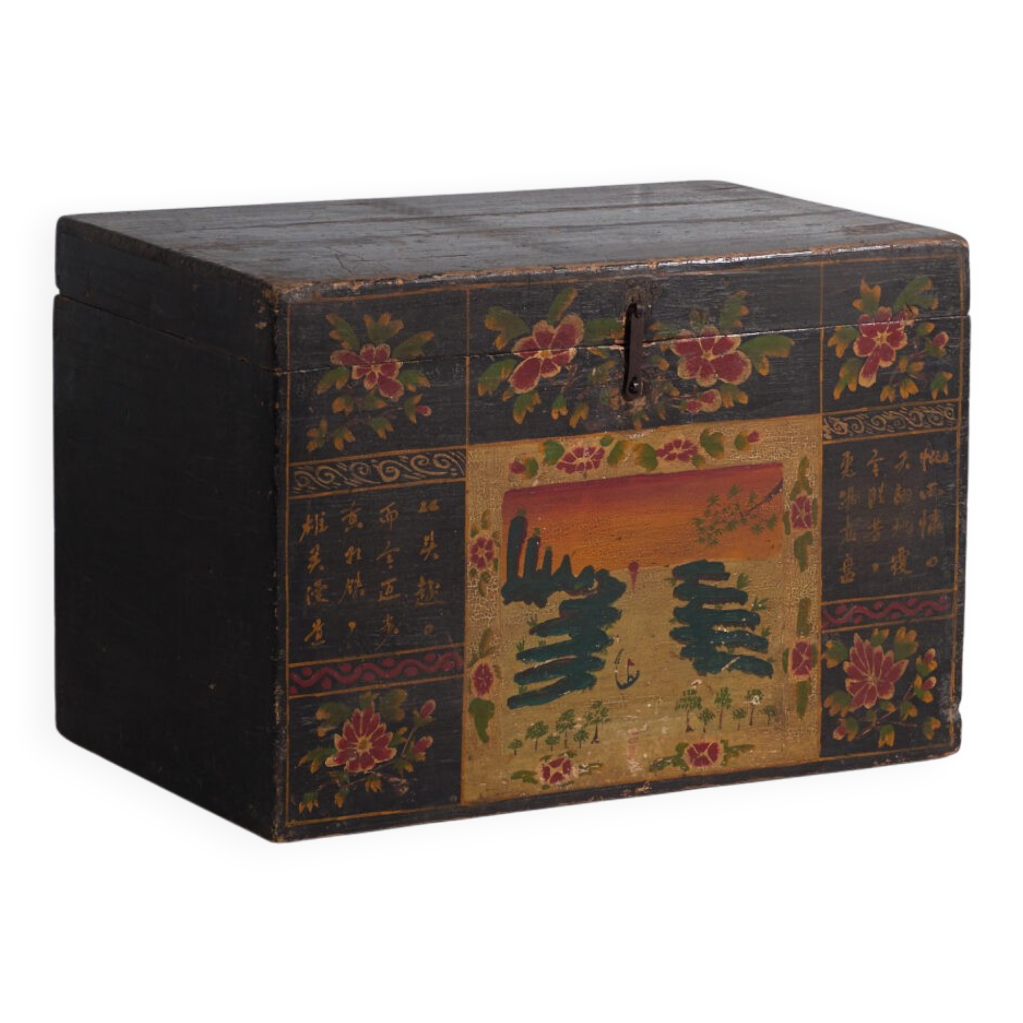 Coffre ancien peint en bois de pin – Chine, vers 1900