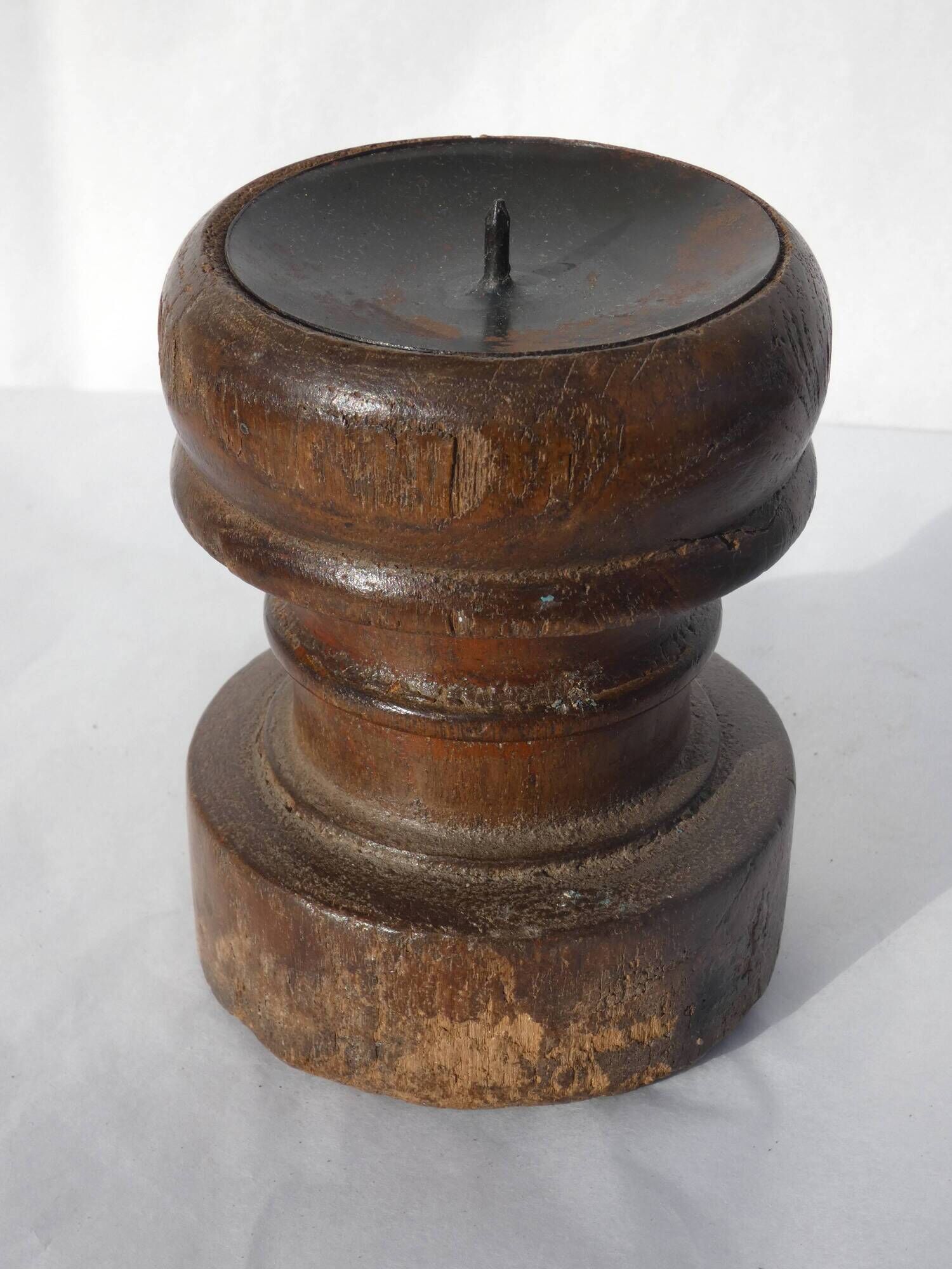 Candle holder round wood old teak patina of origin India