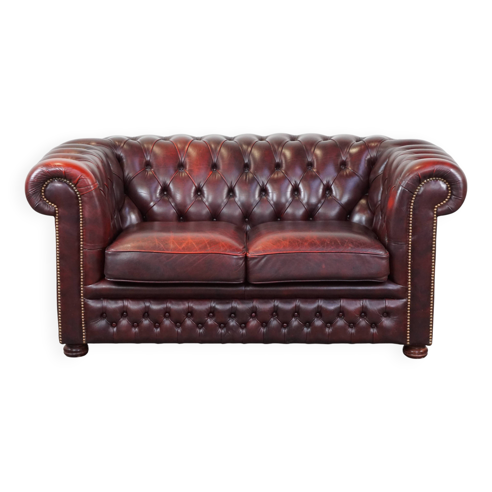 Original English Chesterfield sofa in red cowhide 2 seater
