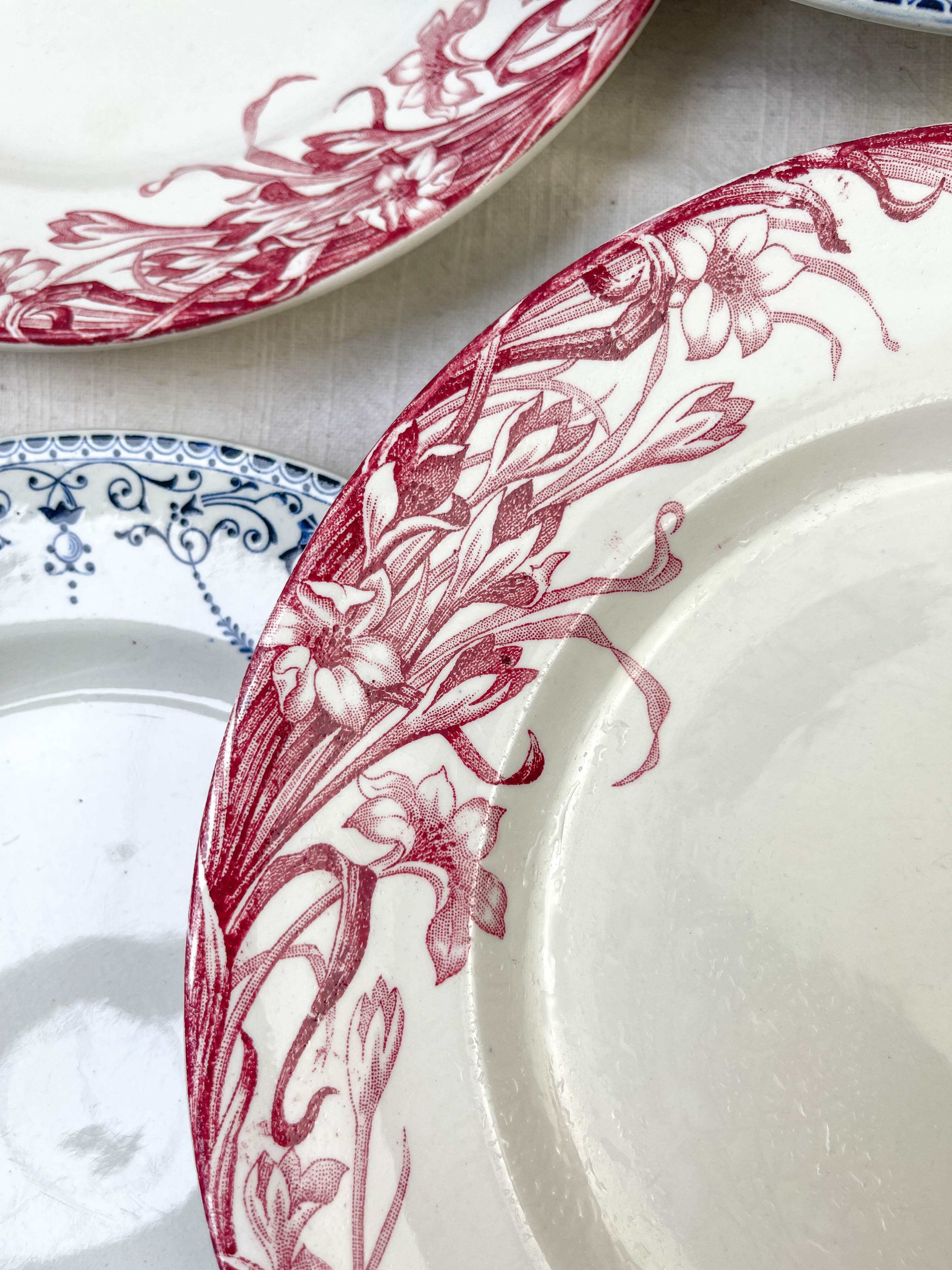 6 flat plates Terre de Fer blue red mismatched