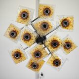 12-light Mazzega chandelier in amber and clear murano glass and chrome. Ita