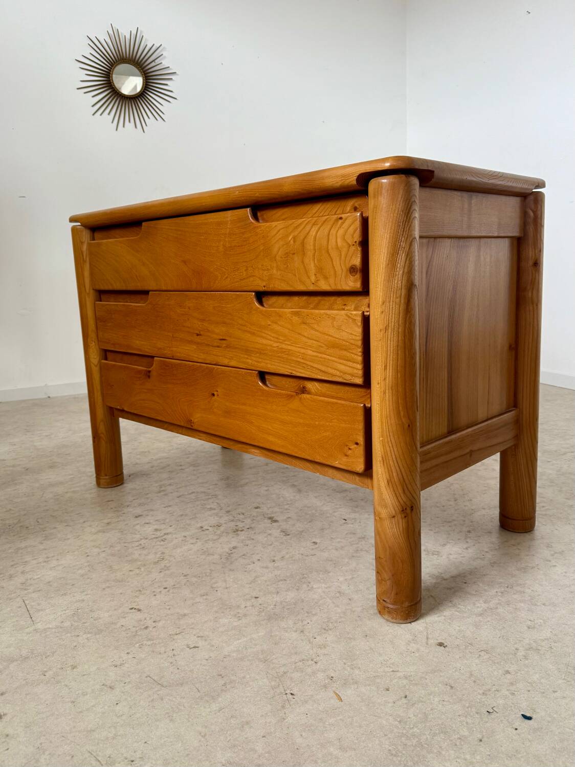 Antique solid elm chest of drawers, French design from the 60s, Maison Regain vintage