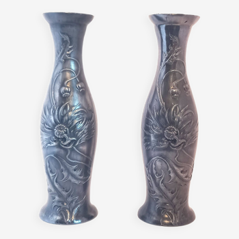 Pair of small art nouveau vases (or candlesticks) in pewter