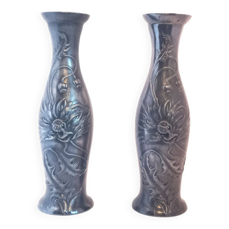 Pair of small art nouveau vases (or candlesticks) in pewter